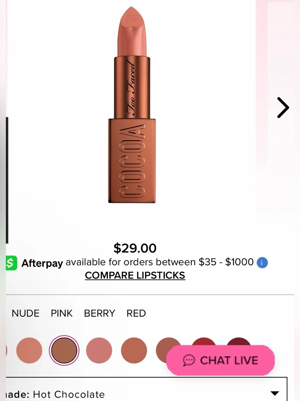 Too Faced Cocoa Bold Empower Cream Lipstick in the shade hot chocolate